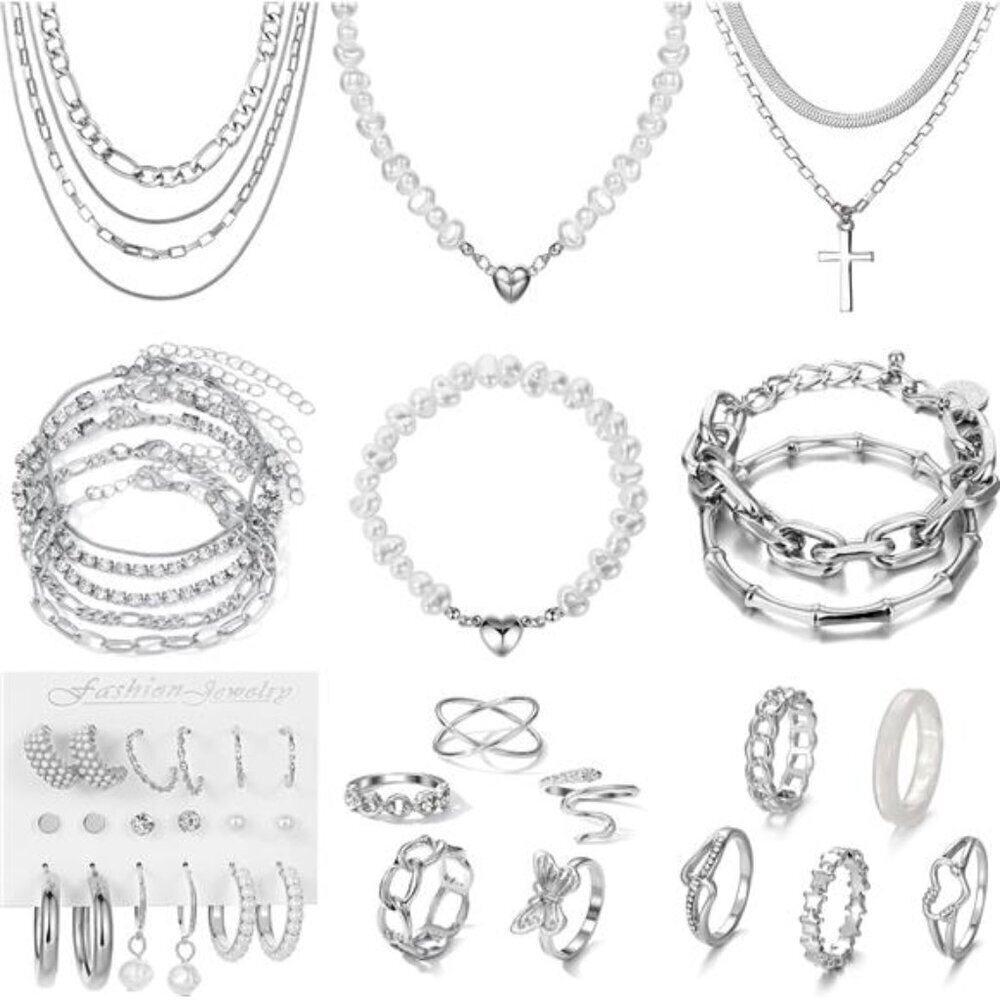 43 PCS Silver Jewelry Set for Women,Ball Dangle Hoop Earrings,Multi Layered